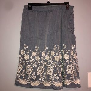 Midi Denim Blue Skirt with Floral Detail